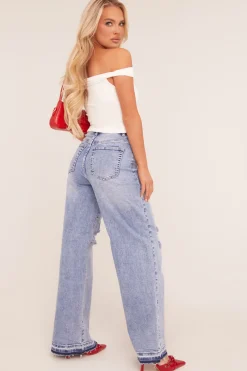 Rebellious Fashion Light Blue Stretch Distressed Wide Leg Jeans - Bluebell