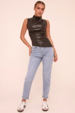 Rebellious Fashion Light Blue Stretch High Waist Turn Up Hem Mom Jeans - Corra