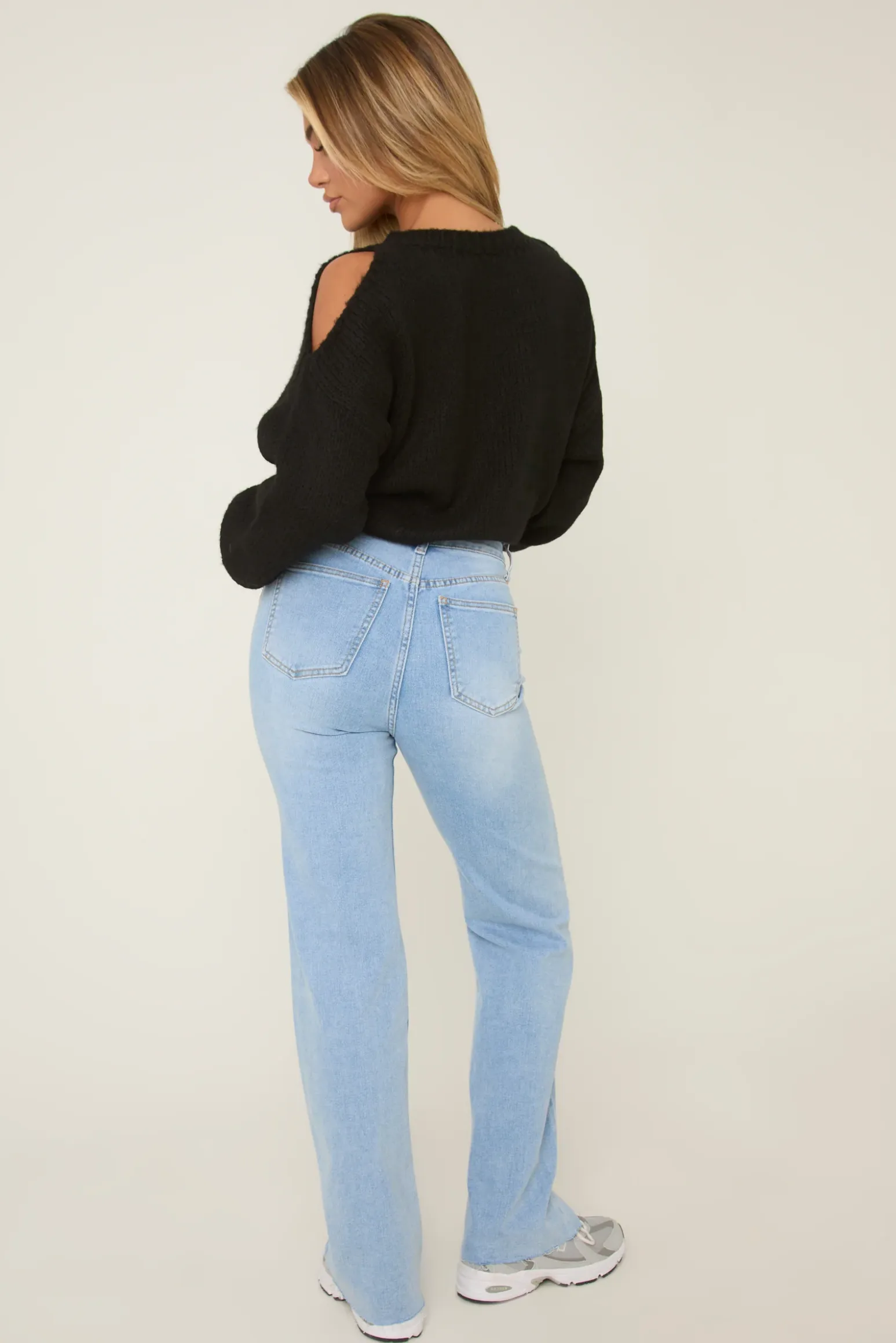 Rebellious Fashion Light Blue Stretch Mid Waist Straight Leg Frayed Hem Denim Jeans - Venus