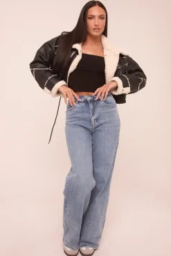 Rebellious Fashion Light Blue Stretch Mid Waist Turn Up Hem Wide Leg Denim Jeans - Stacy