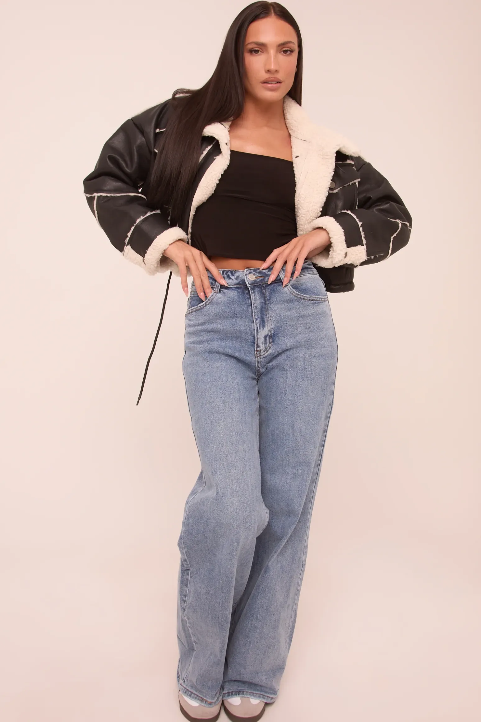 Rebellious Fashion Light Blue Stretch Mid Waist Turn Up Hem Wide Leg Denim Jeans - Stacy
