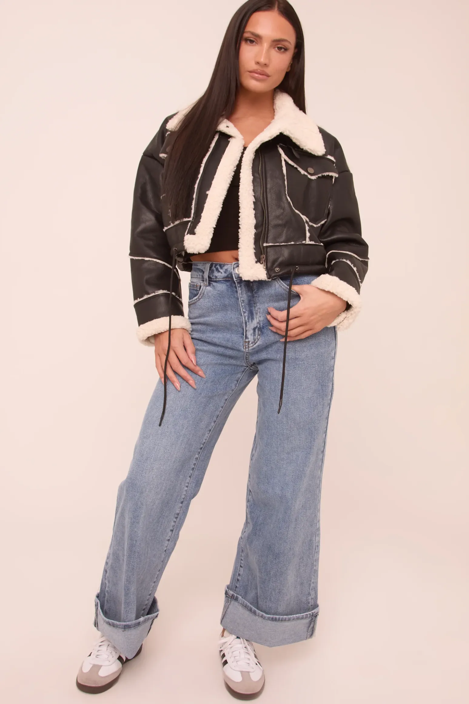 Rebellious Fashion Light Blue Stretch Mid Waist Turn Up Hem Wide Leg Denim Jeans - Stacy