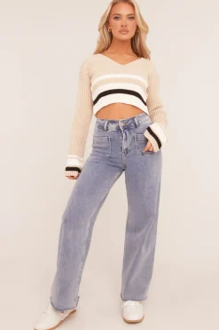 Rebellious Fashion Light Blue Stretch Pocket Detail Straight Leg Jeans - Aubrey