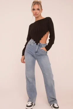 Rebellious Fashion Light Blue Stretch Straight Leg Frayed Hem Jeans - Piper