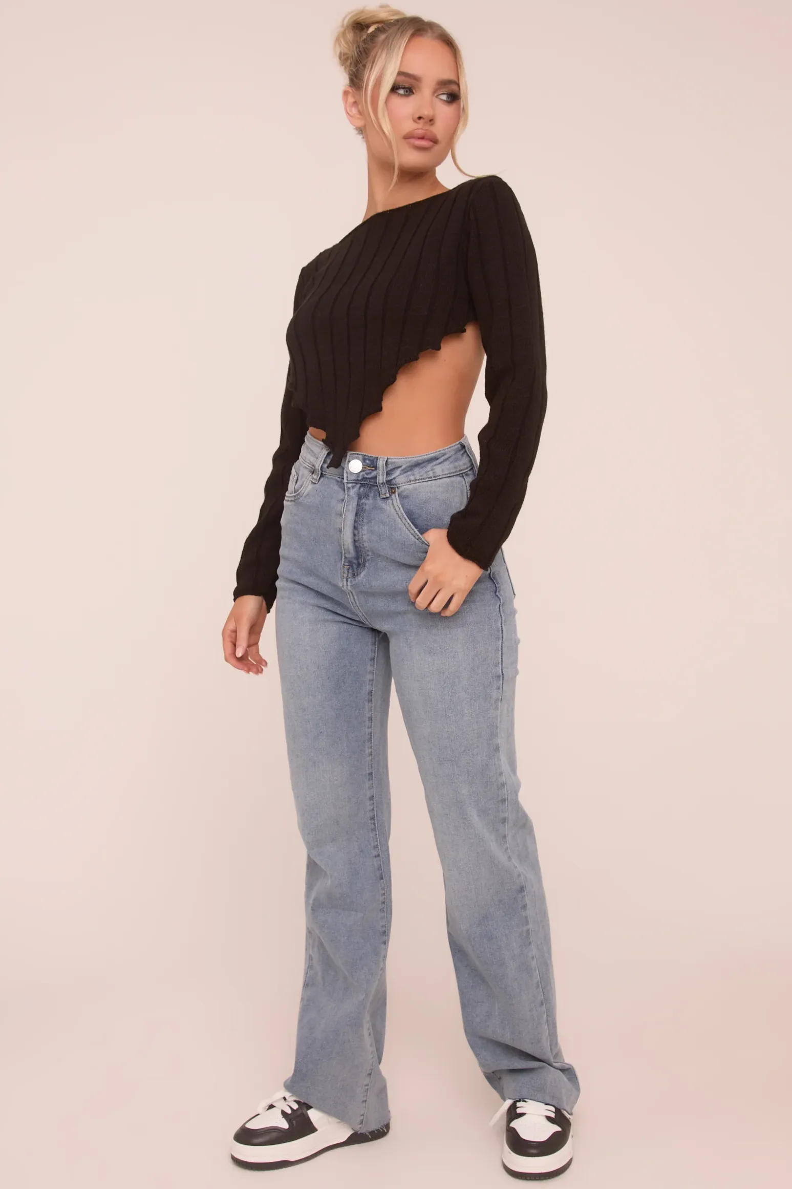Rebellious Fashion Light Blue Stretch Straight Leg Frayed Hem Jeans - Piper
