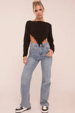 Rebellious Fashion Light Blue Stretch Straight Leg Frayed Hem Jeans - Piper