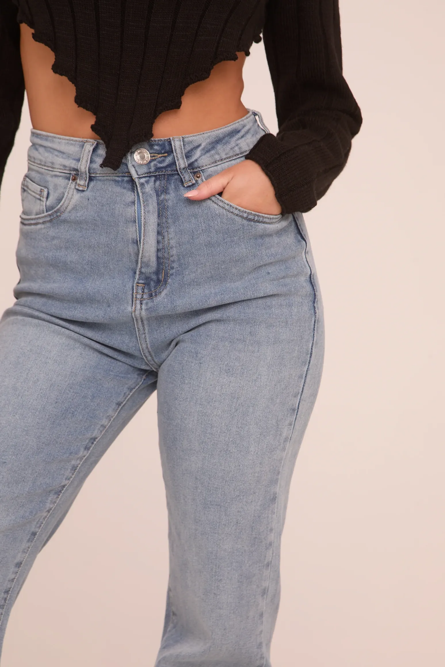 Rebellious Fashion Light Blue Stretch Straight Leg Frayed Hem Jeans - Piper