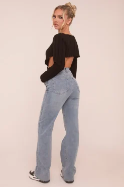 Rebellious Fashion Light Blue Stretch Straight Leg Frayed Hem Jeans - Piper