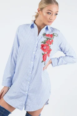 Rebellious Fashion Light Blue Striped Embroidered Oversized Shirt - Kaya