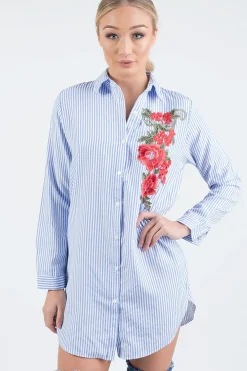 Rebellious Fashion Light Blue Striped Embroidered Oversized Shirt - Kaya