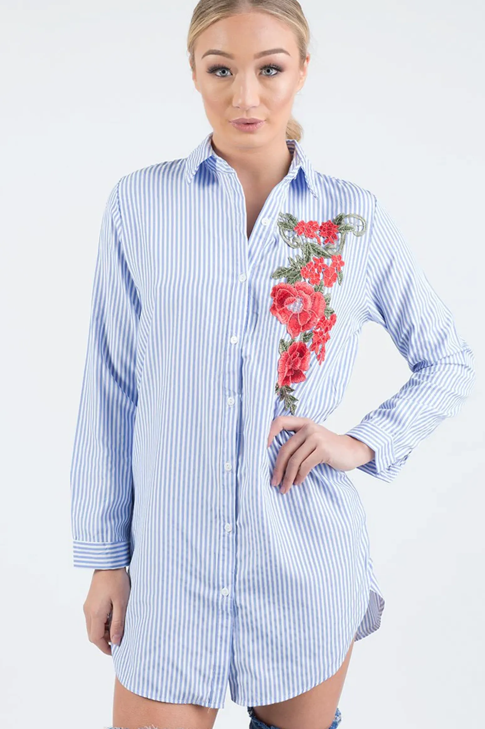 Rebellious Fashion Light Blue Striped Embroidered Oversized Shirt - Kaya
