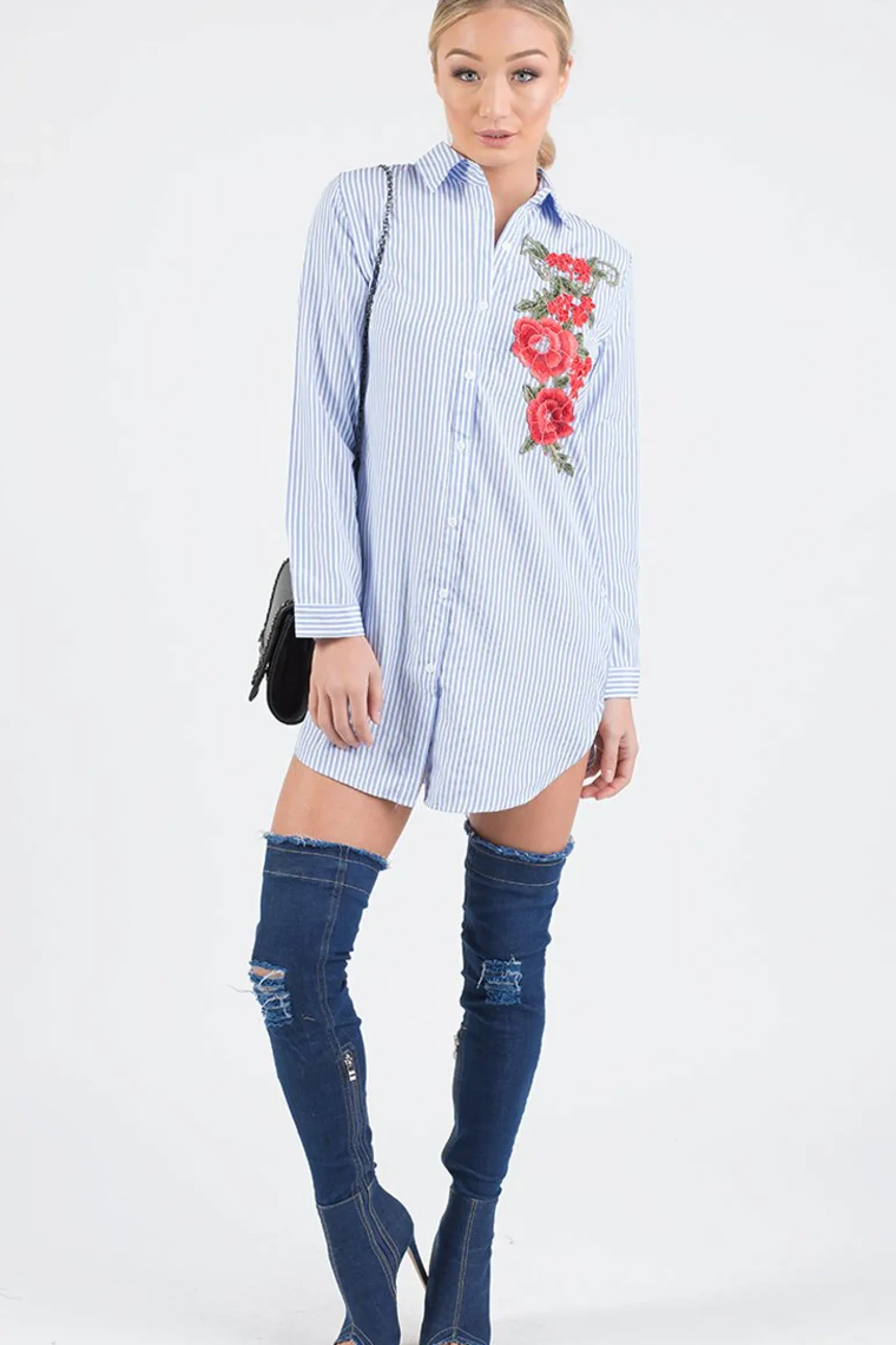 Rebellious Fashion Light Blue Striped Embroidered Oversized Shirt - Kaya