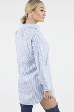 Rebellious Fashion Light Blue Striped Embroidered Oversized Shirt - Kaya