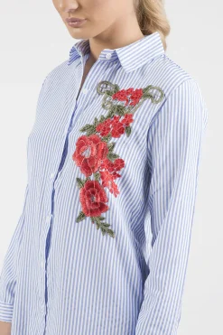 Rebellious Fashion Light Blue Striped Embroidered Oversized Shirt - Kaya