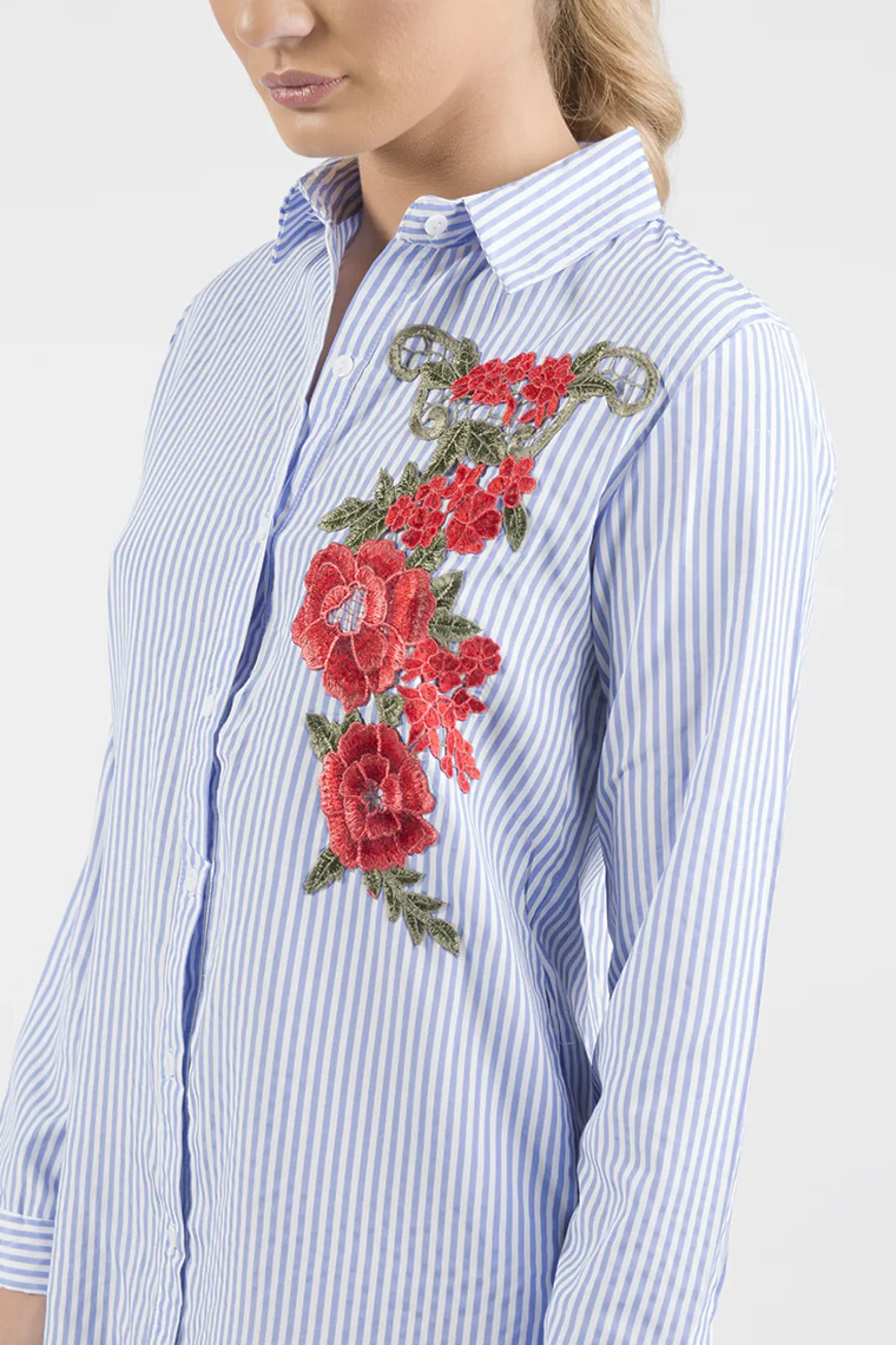Rebellious Fashion Light Blue Striped Embroidered Oversized Shirt - Kaya