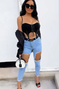 Rebellious Fashion Light Blue Thigh Rip Frayed Hem Mom Jeans - Frayah