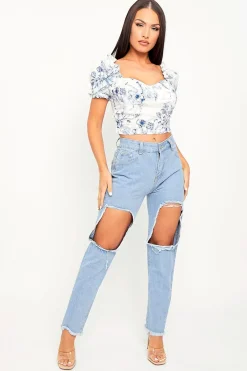 Rebellious Fashion Light Blue Thigh Rip Frayed Hem Mom Jeans - Frayah
