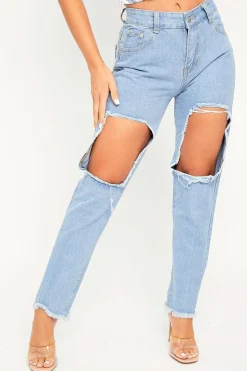 Rebellious Fashion Light Blue Thigh Rip Frayed Hem Mom Jeans - Frayah