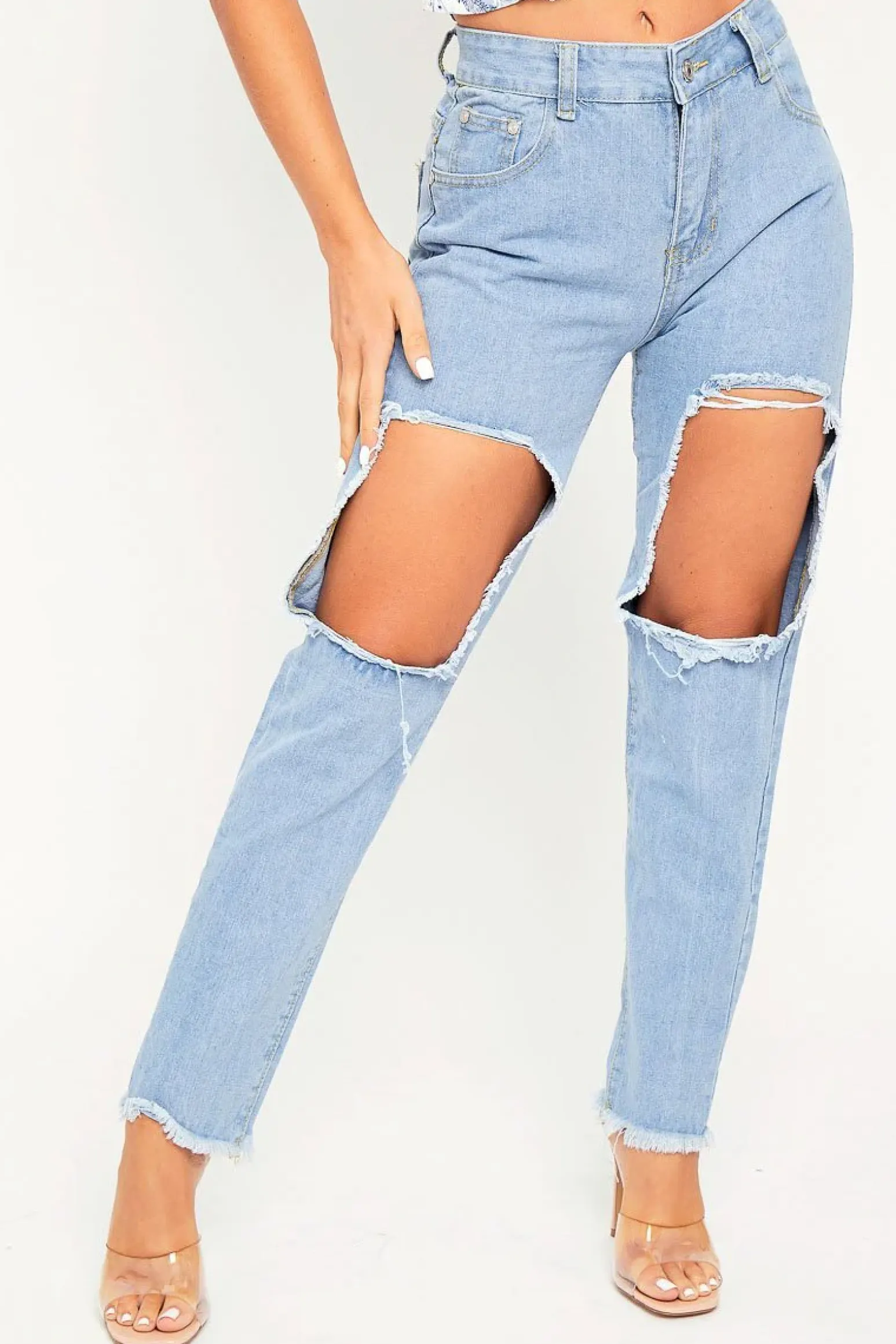 Rebellious Fashion Light Blue Thigh Rip Frayed Hem Mom Jeans - Frayah