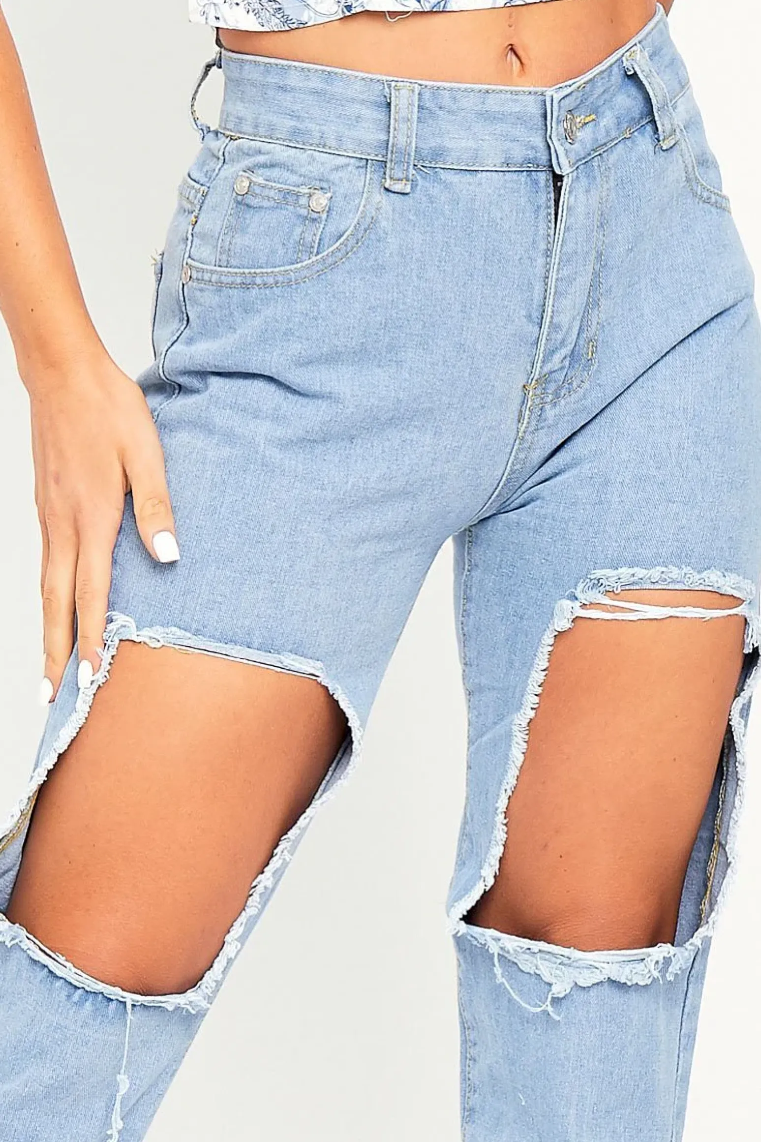 Rebellious Fashion Light Blue Thigh Rip Frayed Hem Mom Jeans - Frayah