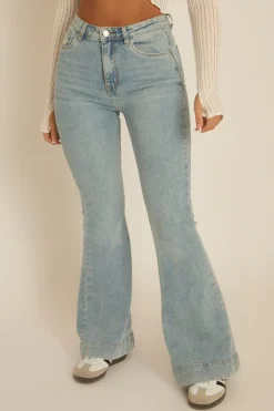 Rebellious Fashion Light Blue Washed Stretch Flared Leg Jeans - Briani