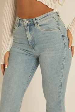 Rebellious Fashion Light Blue Washed Stretch Flared Leg Jeans - Briani