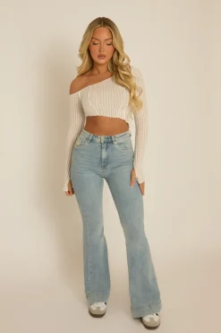 Rebellious Fashion Light Blue Washed Stretch Flared Leg Jeans - Briani