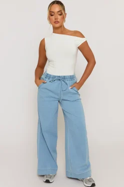 Rebellious Fashion Light Blue Wash Elasticated Waist Wide Leg Jeans - Paddy