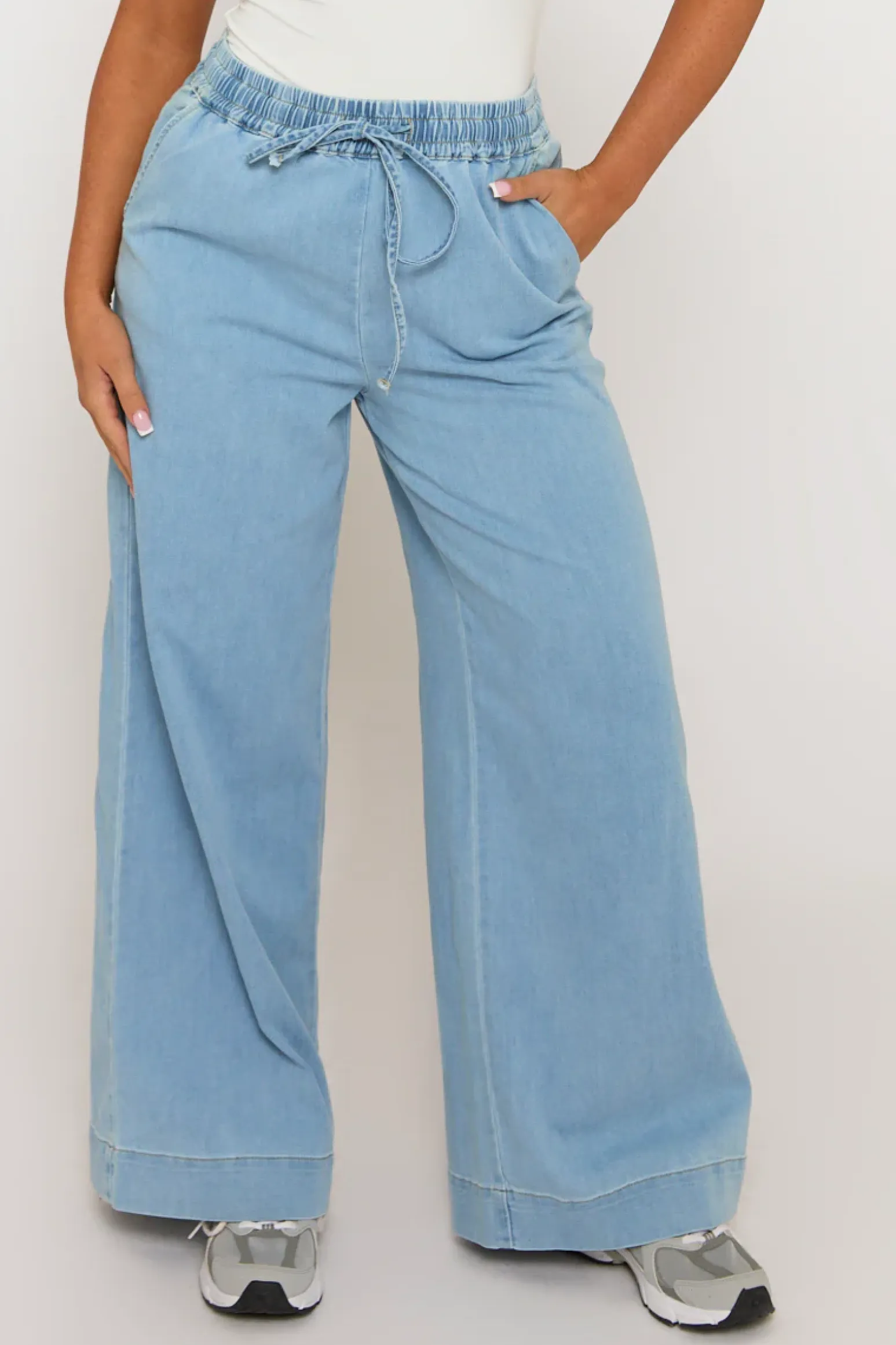 Rebellious Fashion Light Blue Wash Elasticated Waist Wide Leg Jeans - Paddy