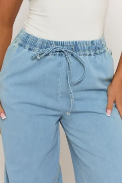 Rebellious Fashion Light Blue Wash Elasticated Waist Wide Leg Jeans - Paddy