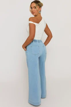 Rebellious Fashion Light Blue Wash Elasticated Waist Wide Leg Jeans - Paddy