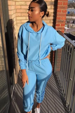 Rebellious Fashion Light Blue Woven Drawstring Hoodie Jogger Co-Ord - Elvira