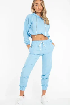 Rebellious Fashion Light Blue Woven Drawstring Hoodie Jogger Co-Ord - Elvira