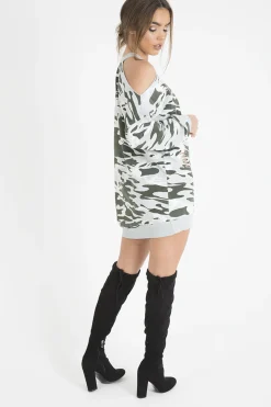 Rebellious Fashion Light Camo Cold Shoulder Jumper Dress - Acacia