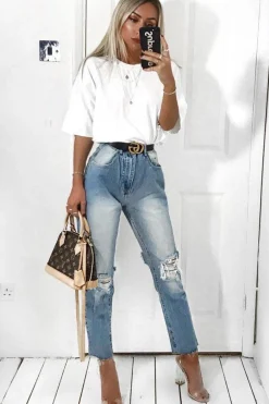 Rebellious Fashion Light Denim Back Distressed Mom Jeans - Mio