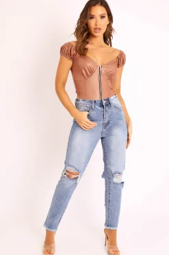 Rebellious Fashion Light Denim Back Distressed Mom Jeans - Mio