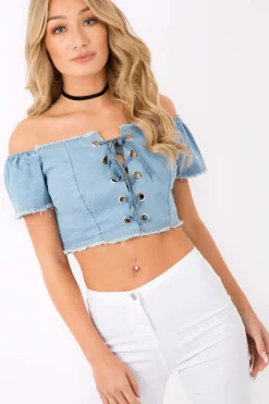 Rebellious Fashion Light Denim Bardot Lace Up Crop Top - Rochella
