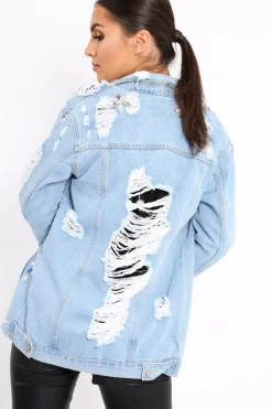 Rebellious Fashion Light Denim Distressed Jacket - Florrie