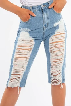 Rebellious Fashion Light Denim Extreme Distressed Longline Shorts - Aaima