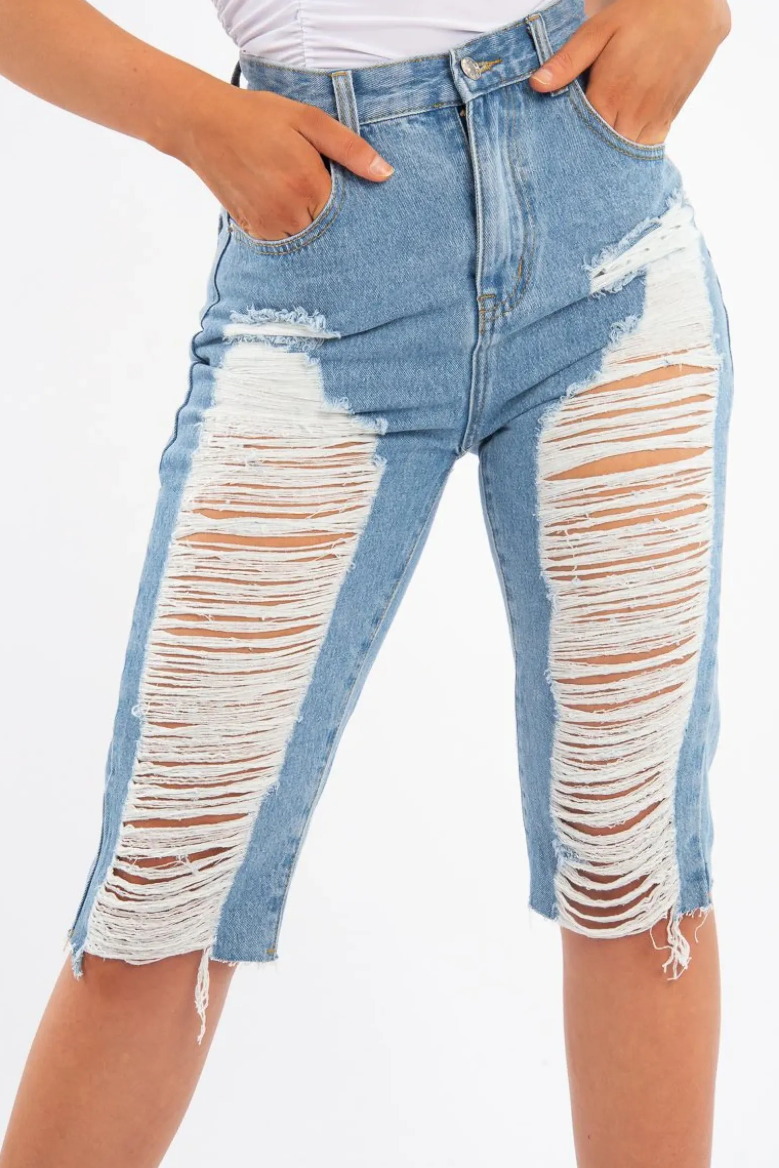 Rebellious Fashion Light Denim Extreme Distressed Longline Shorts - Aaima