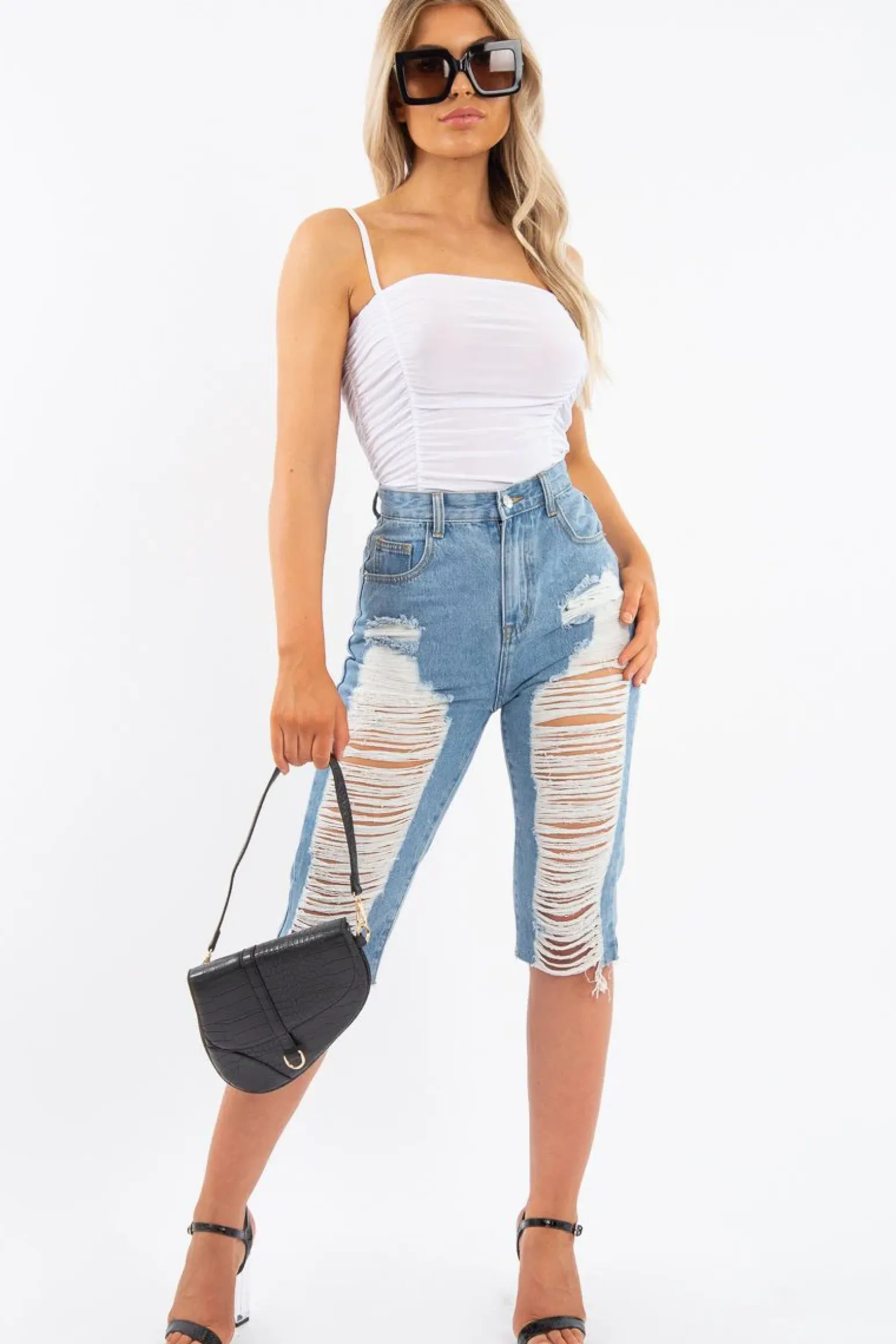 Rebellious Fashion Light Denim Extreme Distressed Longline Shorts - Aaima