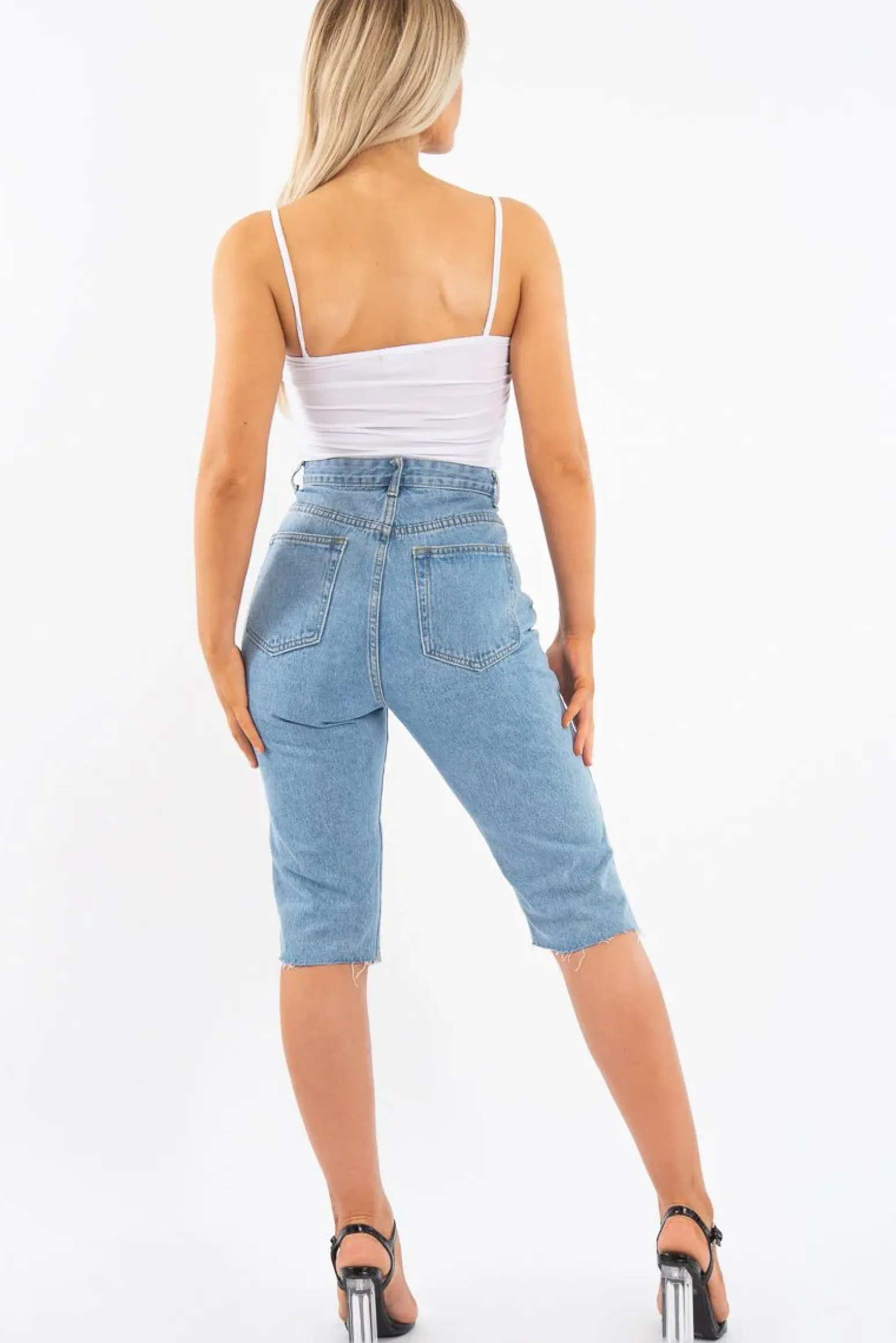 Rebellious Fashion Light Denim Extreme Distressed Longline Shorts - Aaima