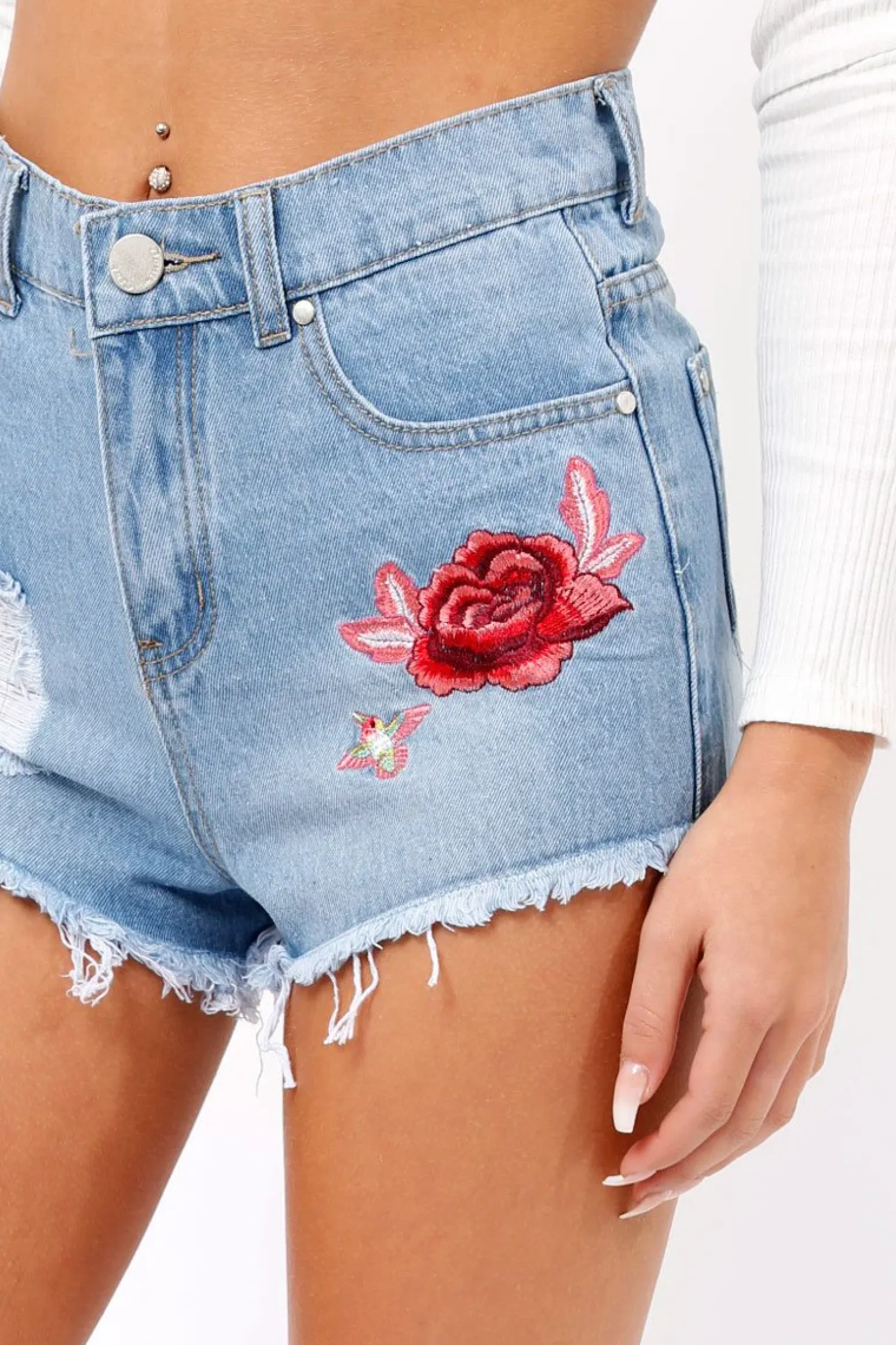 Rebellious Fashion Light Denim Frayed Ripped Applique Shorts - Rayleigh