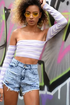Rebellious Fashion Light Denim High Waisted Distressed Shorts - Latifa