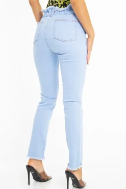 Rebellious Fashion Light Denim High Waist Frilled Hem Paperbag Jeans - Cataleyah