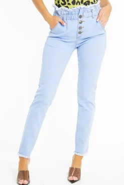 Rebellious Fashion Light Denim High Waist Frilled Hem Paperbag Jeans - Cataleyah