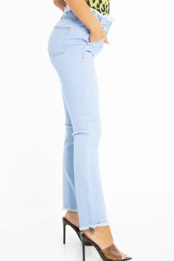 Rebellious Fashion Light Denim High Waist Frilled Hem Paperbag Jeans - Cataleyah