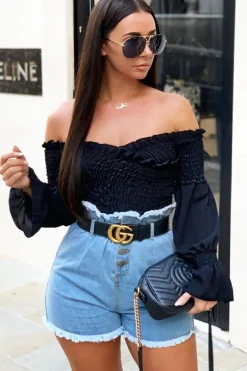 Rebellious Fashion Light Denim High Waist Frilled Hem Paperbag Shorts - Raivyn