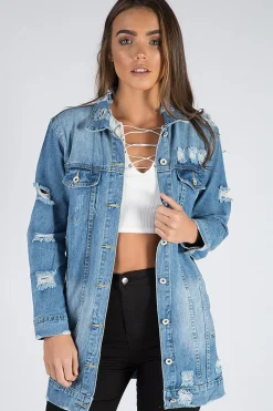 Rebellious Fashion Light Denim Oversized Distressed Denim Jacket - Tilly