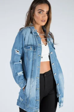Rebellious Fashion Light Denim Oversized Distressed Denim Jacket - Tilly